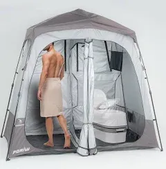 Camping Shower Tent Deluxe Changing Room Easy Set Up Privacy Shelter,Large Toilet Tent 2 Rooms with Floor Drain Design for Beach, Camping,Hiking with Stakes and Ropes for Stability