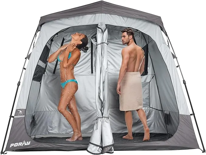 Camping Shower Tent Deluxe Changing Room Easy Set Up Privacy Shelter,Large Toilet Tent 2 Rooms with Floor Drain Design for Beach, Camping,Hiking with Stakes and Ropes for Stability