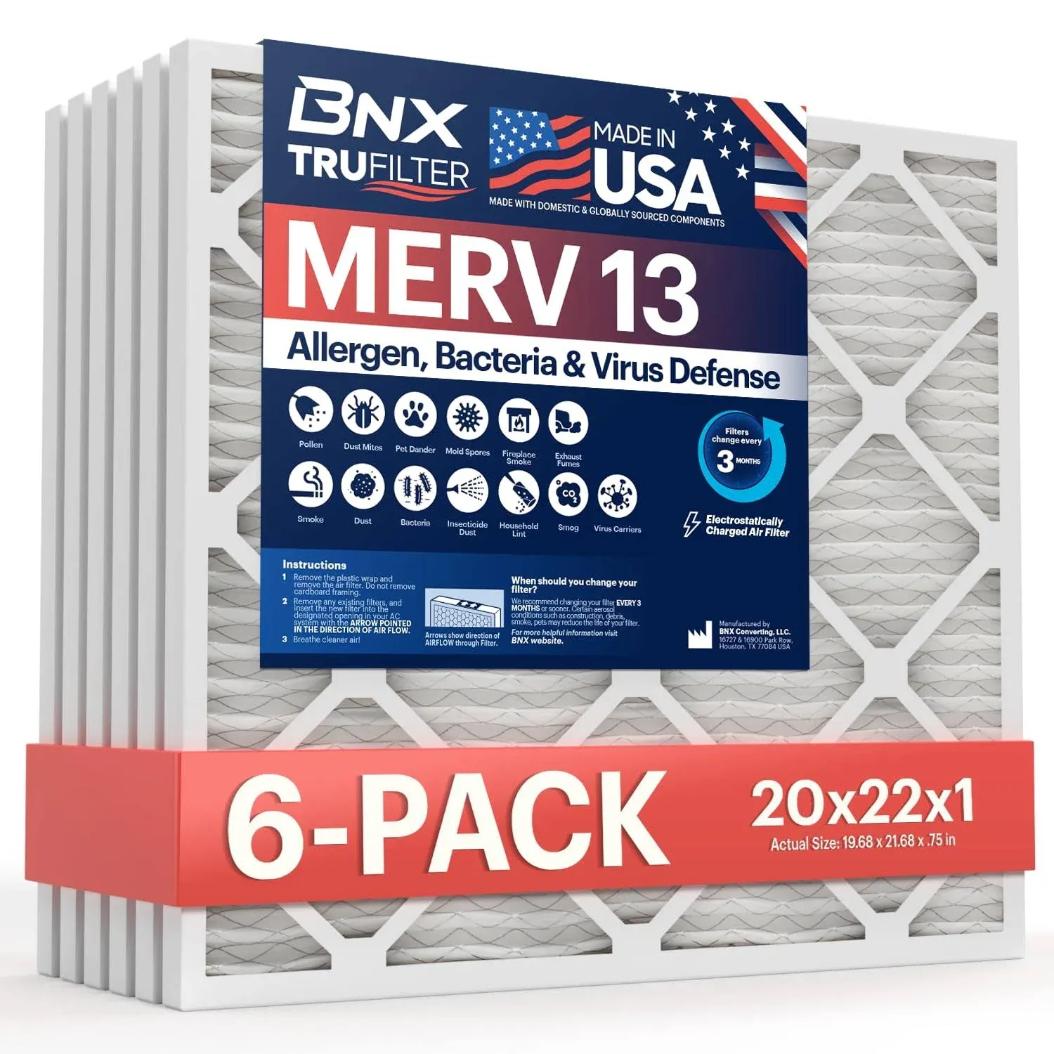 BNX TruFilter 20x22x1 Air Filter MERV 13 (6-pack) - Made in USA - Electrostatic Pleated Air Conditioner HVAC AC Furnace Filters for Allergies, Pollen,