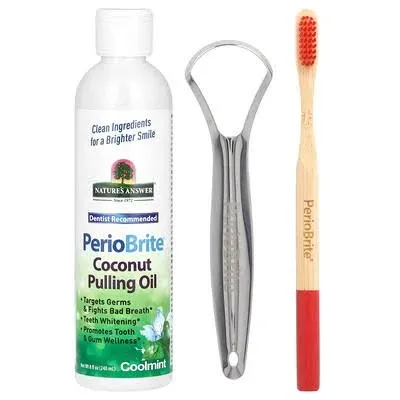 PerioBrite Coconut Pulling Oil with Toothbrush &amp; Tongue Scraper, Coolmint, 8 fl