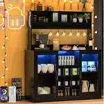 Vinctik 6&Fox Farmhouse LED Coffee Bar w/60000-color Lights,Power Outlet,7 Hooks,9Wink Racks,Adjustable Shelf for Tea Liquor Wine.Sliding Glass Door