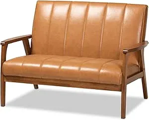 Baxton Studio Nikko Mid-century Modern Tan Faux Leather Upholstered and Walnut Brown finished Wood Loveseat