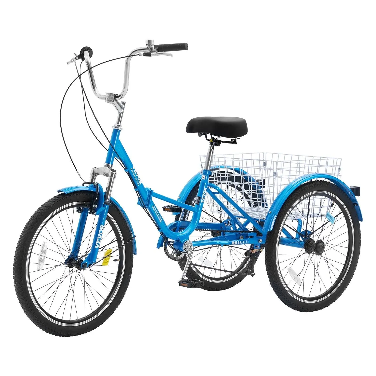 VEVOR 24 in. 7-Speed Carbon Steel 3 Wheel Cruiser Folding Adult Tricycle with Basket & Adjustable Seat Blue