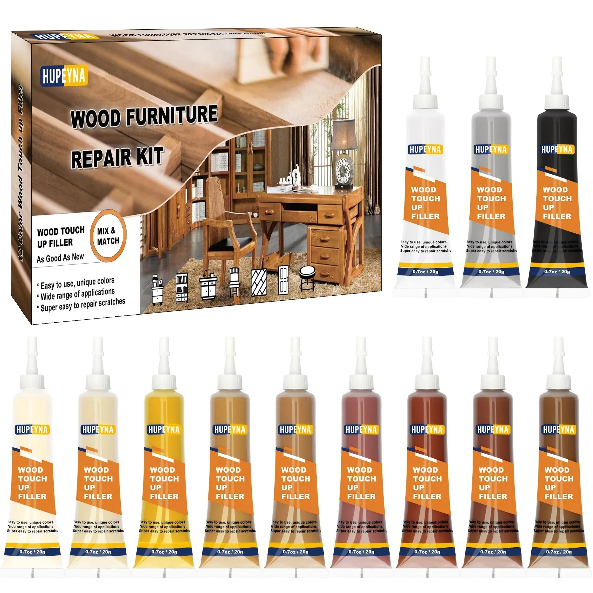 Hupeyna Wood Furniture Repair Kit, 12 Colours Wood Repair Kit, Wood Touch Up Fillers, Repair Scratch, Cracks, Discoloration For Wooden Cabinet,