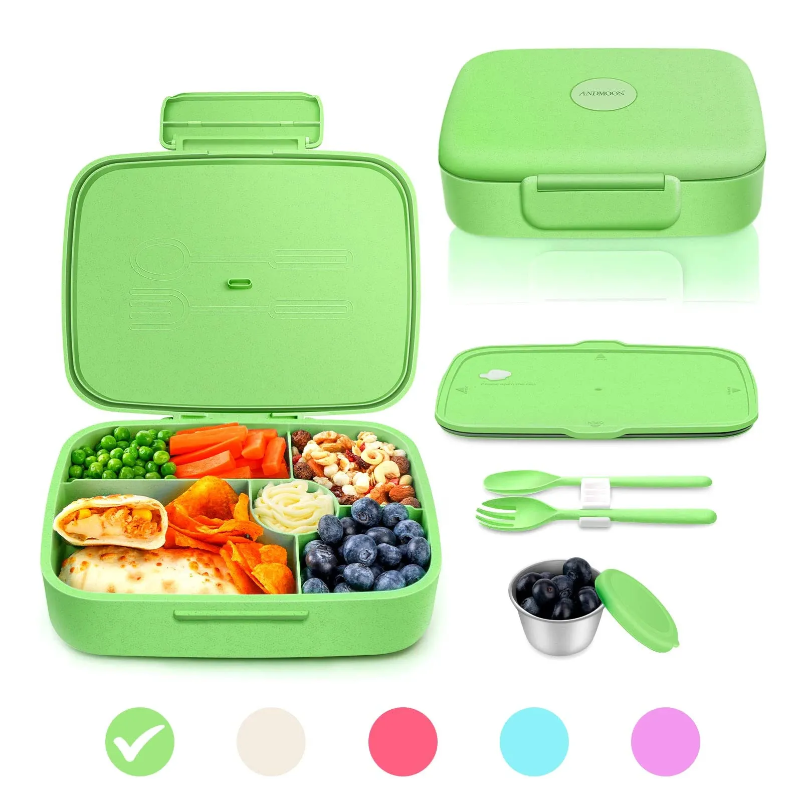 Bento Box - Eco Friendly, Leakproof Lunch Box, Five Compartment, Wheat Fiber Bento Box for Kids and Adults, Microwave and Freezer Friendly