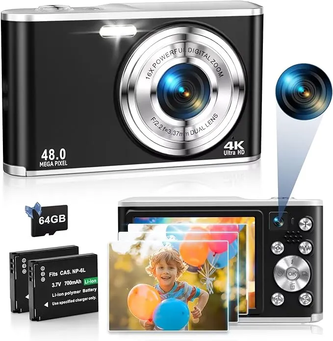 Digital Camera 4K 48MP Autofocus Vlogging Camera with Rear and Front Camera for Photography 16x Digital Zoom Point and Shoot CA