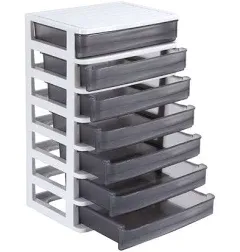 7 Small White Plastic Drawer Desktop Storage System, Mini Organizer Box, Storage Container(9.33"X7"X14.84")