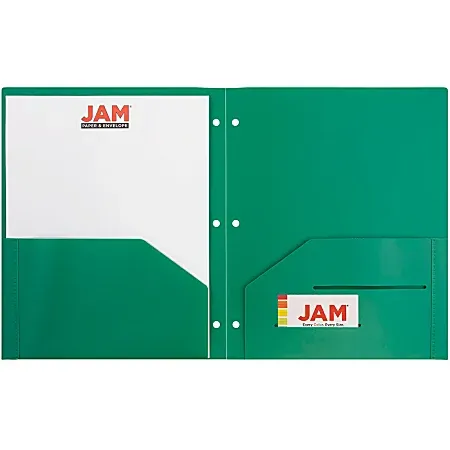 Jam Paper Heavy Duty Plastic 3 Hole Punch Two-Pocket Folders, Green, 6/Pack (383HHPGRB)