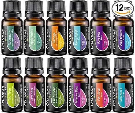 O'linear Essential Oil Set 12 Aromatherapy Oils for Diffuser & Humidifiers, Lavender, Peppermint, Eucalyptus, Tea Tree, Rosemary, Orange Oils & 6 Unique Blends for Diffuser for Home