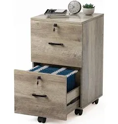 VINGLI 2 Drawer File Cabinet with Lock, Wood Rustic Gray File Cabinet for Letter Size File Folders with Tabs, Under Desk Rolling File Cabinets for Hom