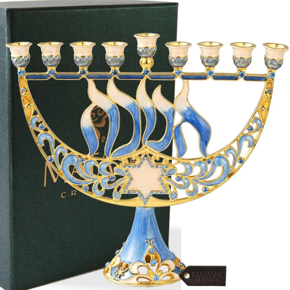 Matashi Hand Painted Enamel Menorah Candelabra with a Star of David and Hanukkah