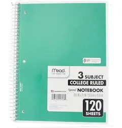 Mead Spiral Notebook, 3 Subject, College Ruled Paper, 120 Sheets, 10-1/2" x 8", Color Selected For You, 1 Count (05748)