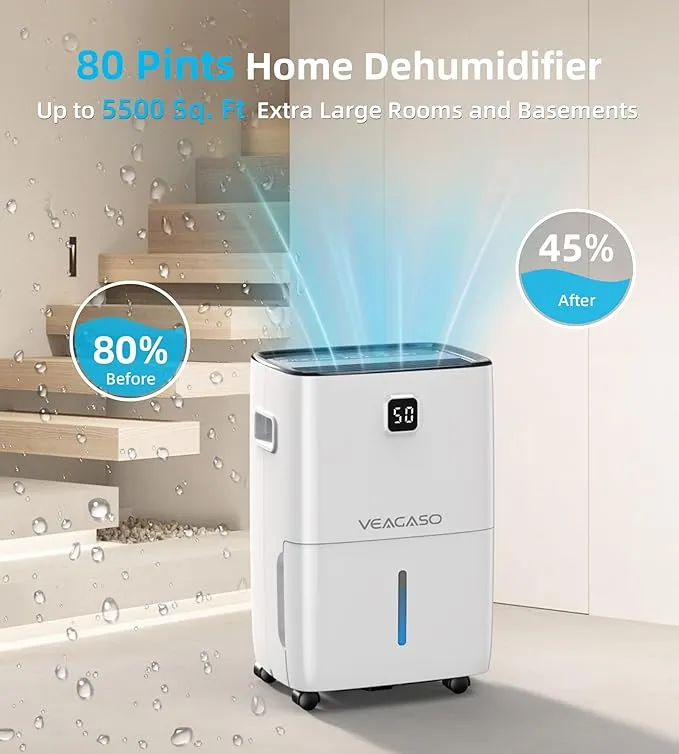 5000 Sq.ft Energy Star Dehumidifier for Basement, PLUSCENT 52 Pints Quiet Dehumidifiers with Drain Hose for Home Large Room Bedroom, Smart Humidity Control & Monitor, 4 Operation Modes, 24H Timer