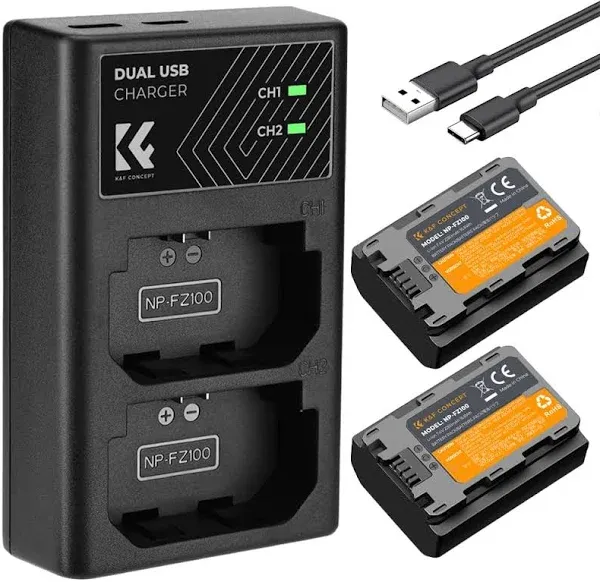 K&F Concept NP-FZ100 Battery and Dual Slot Charger Set for Sony A7iii, A7iv, A7C, A6700, A6600, ZV-E1, ZV-E10ii, FX3, FX30, A9, Alpha 9, Alpha 9S, A9S, A7R3, A7R4 Camera Batteries, 2280mAH