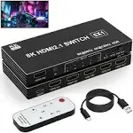 8K HDMI Switch 5 in 1 Out, 5 Port HDMI Splitter with IR Remote HDMI Switcher Selector Box Support 8K@60Hz 4K@120Hz, HDMI 2.1 Switch Compatible with PS 5/4/3 Xbox Switch Roku TV Fire Stick PC