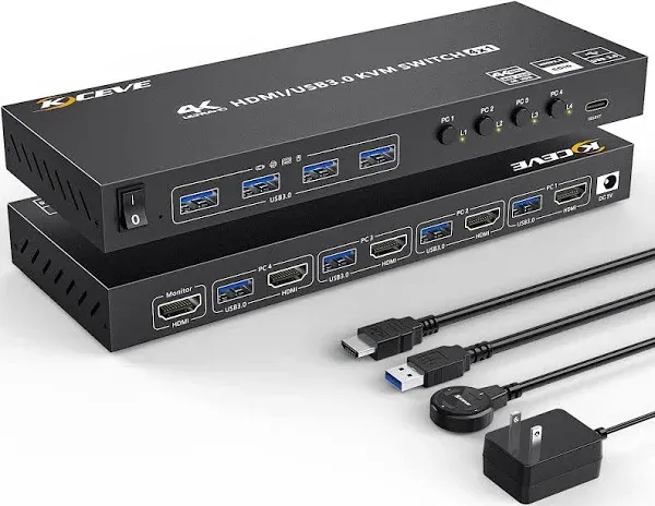 HDMI KVM Switch 4 Computers 4K@60Hz 2K@120Hz, Simulation EDID, Camgeet 4 Port USB3.0 KVM Switches for 4 PC Share 1 Monitor and Keyboard Mouse Printer,with Wired Remote,12V Power Adapter and 5 Cables