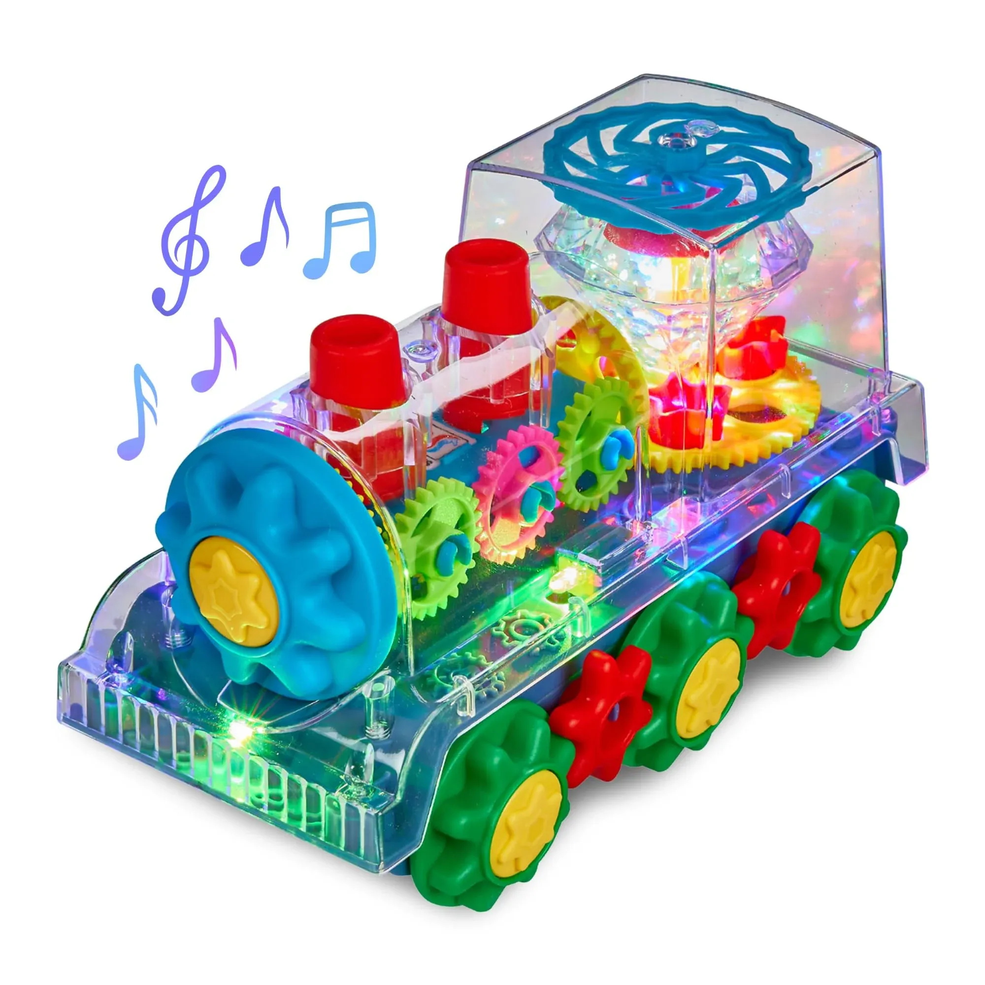 Playbees Light Up Train Toy for Toddlers - Transparent Gear Car Toys for Kids - Early Music Educational Crawling Toys - Flashing Lights and Battery