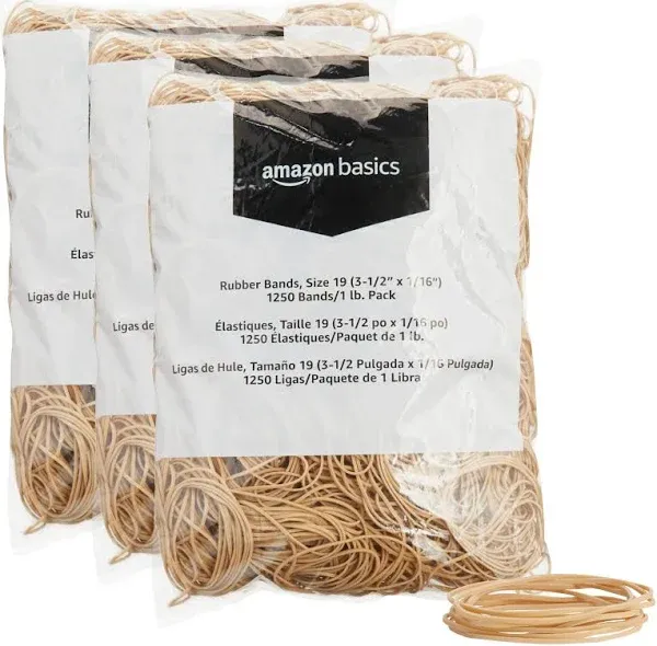 Rubber Bands, Size 19 (3-1/2 X 1/16 Inch), 1250 Bands/1 Lb. Pack, 3-Pack, Tan