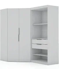 Manhattan Comfort Mulberry 2.0 Corner Wardrobe Closet with Drawers, Hanging Rods and Adjustable Shelves, Free Standing Semi Open Sectional Design for Bedrooms & Dressing Rooms, 2 Piece Set, White