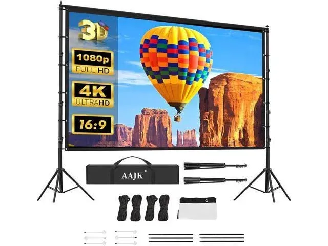 AAJK 150-Inch Portable Projector Screen with Stand Movie Screens for Projectors Outdoor16:9 4K HD Movie Screen for Backyard Movie Night, Lightweight A