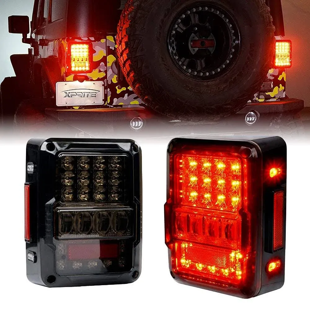 Xprite Smoked Lens 4D LED Tail Lights Compatible with Jeep Wrangler JK/JKU 07-18