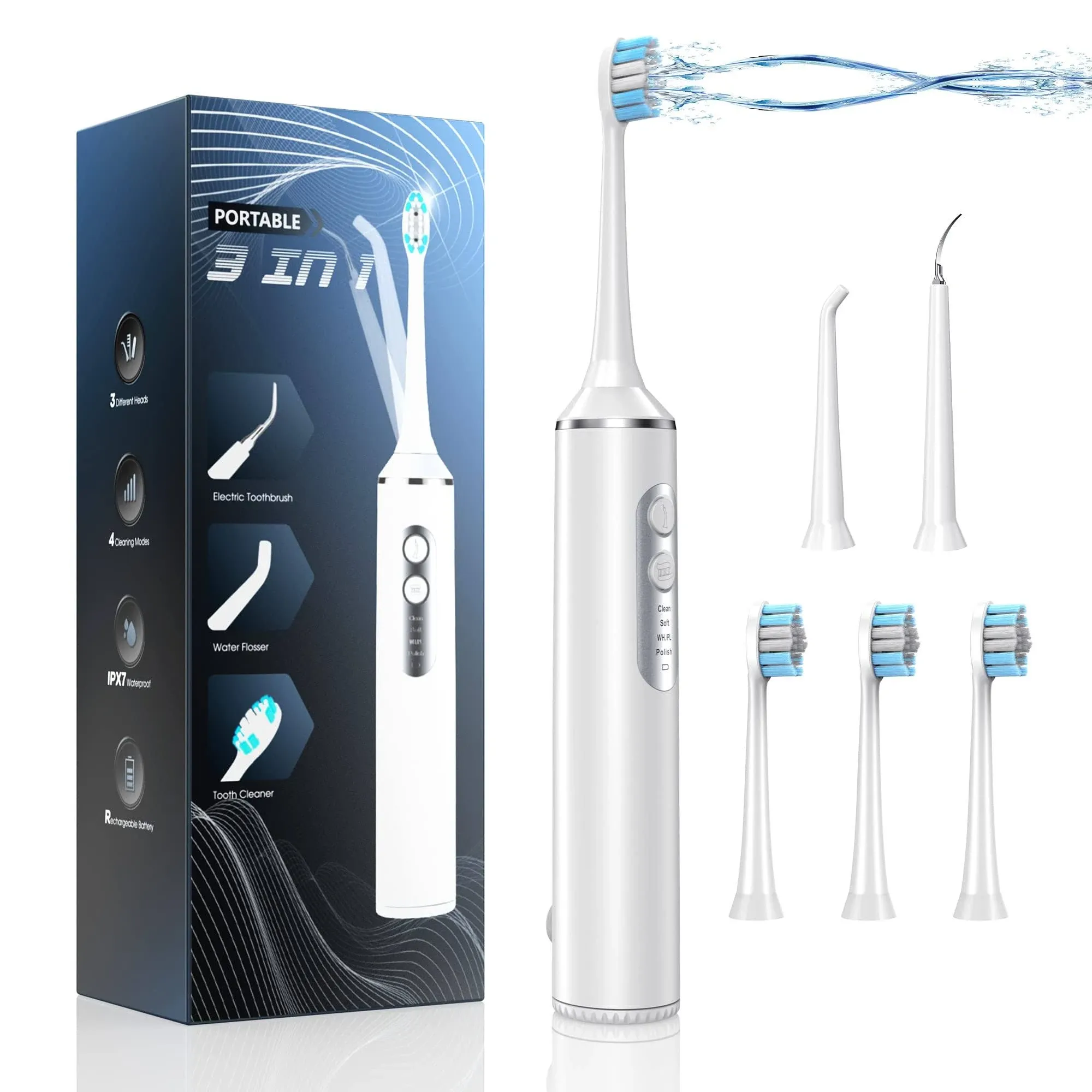 UNINGOPI Water Dental Flosser with Electric Toothbrush, One Switch Between Tooth Brush & Water Floss, 3 in 1 Teeth Cleaning Kit with 4 Modes, Water