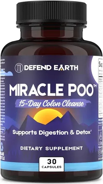 15 Day Gut Cleanse, Miracle Poo Colon Cleanse Capsules for Detox & Digestive Health Support with Psyllium Husk, Senna, & Cascara Sagrada, Non-GMO, 30 Capsules