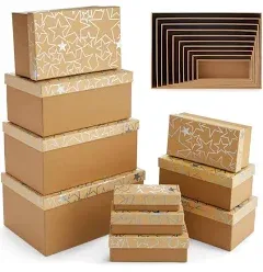 Sparkle and Bash Set of 10 Nesting Gift Boxes with Lids, Cardboard Box with Gold Foil Star Designs (10 Sizes)