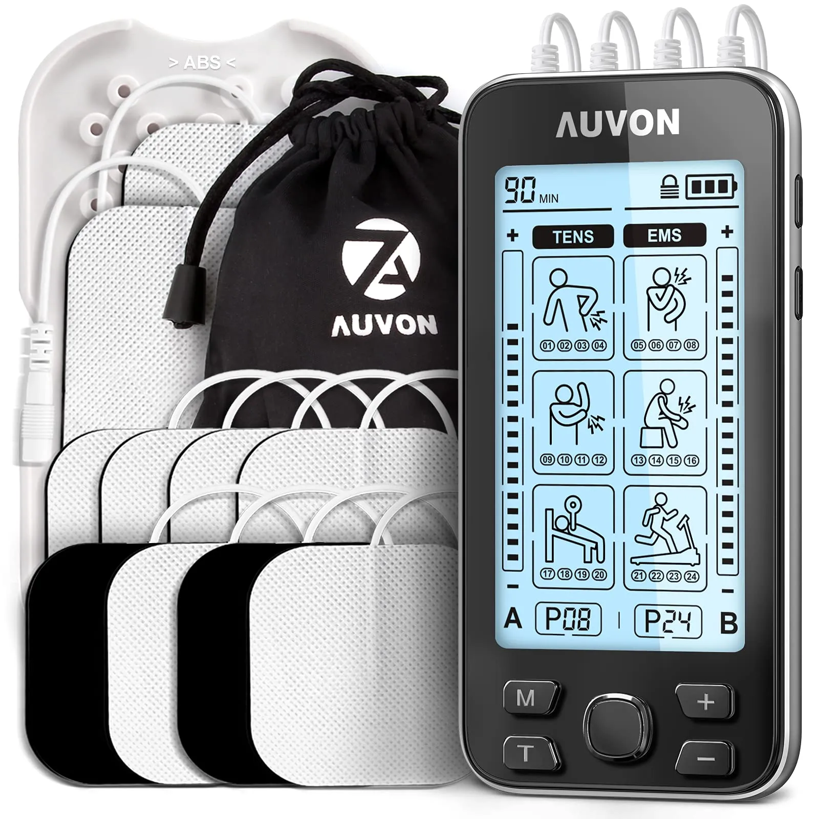 AUVON 4 Outputs TENS Unit EMS Muscle Stimulator Machine for Pain Relief Therapy with 24 Modes Electric Pulse Massager, 2" and 2"x4" Electrodes Pads, Black