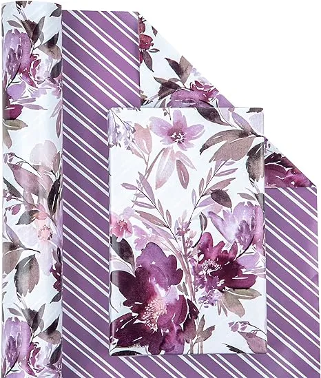 WRAPAHOLIC Reversible Floral Wrapping Paper - Mini Roll - 17 Inch X 33 Feet - Purple Floral Design for Wedding, Birthday, Valentines' Day, Baby Shower, Anniversary, Bridal Shower