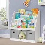 RiverRidge Kids Bookrack with Three Cubbies and 2 Gray Bins