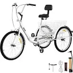 VEVOR Tricycle Adult 24 Wheels Adult Tricycle 1-Speed 3 Wheel Bikes White for Adults Three Wheel Bike for Adults Adult Trike A