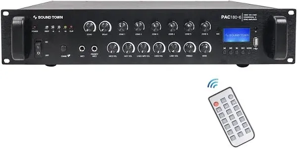 Sound Town 180W 6-Zone 70V/100V Commercial Power Amplifier with Bluetooth, Aluminum, for Restaurants, Lounges, Bars, Pubs, Schools and Warehouses (PAC180-6)