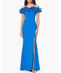 Xscape Women's Long Crepe Over-The-Shoulder Ruffle Gown