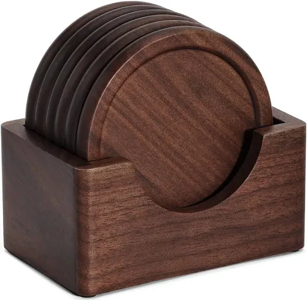 Wood Coasters with Holder, GOH DODD Set of 6 Wooden Coaster Set for Drinks Desk Coffee Table Home Kitchen Office Bar, Tabletop Protection Living Room Decor, Walnut Coasters, 3.6 Inch