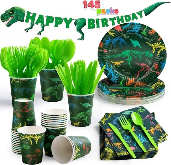 Syncfun 145 Pcs T Rex Dinosaur Birthday Party Supplies with Banner Tableware Set