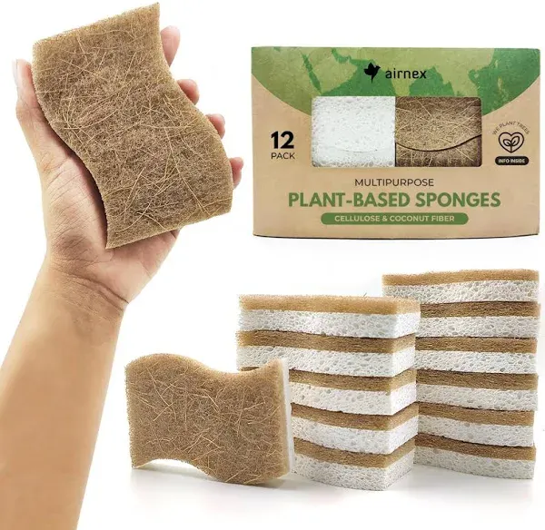 6 Pack Natural Kitchen Sponges, Compostable White Cellulose & Organic Coconut Scrubber Sponge for Washing Dishes, Kind Eco Friendly Non-Scratch & Biodegradable Dish Sponges