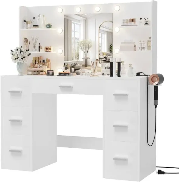 Furmax Vanity Desk with Mirror, LED Lights, Power Outlet, Makeup Vanity Table, 7 Drawers