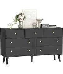 SINROM 55” Black Dresser, 7 Drawer Dresser for Bedroom with Wide Drawers and Gold Knobs, Wood Dressers & Chests of Drawers