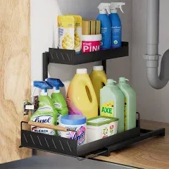 Under Sink Organizer Pull Out Cabinet 2 Tier Slide Out Countertop Bathroom Hooks