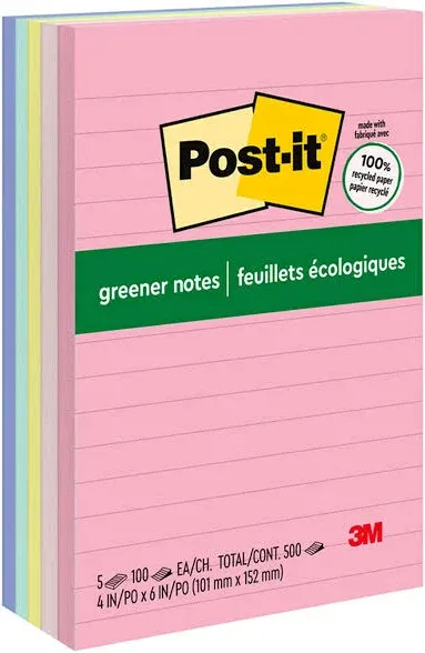 Post-it® Original Recycled Note Pads, Note Ruled, 4" x 6", Sweet Sprinkles Collection Colors, 100 Sheets/Pad, 5 Pads/Pack (MMM660RPA)