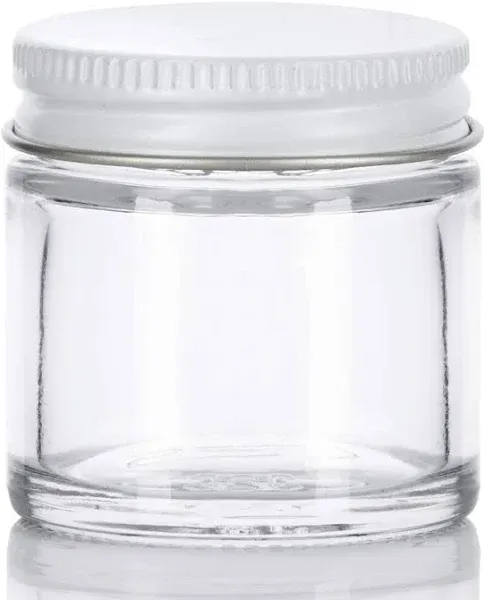 JUVITUS 1 oz / 30 ml Clear Thick Glass Straight Sided Jar with White Metal Airtight Lid (4 pack)