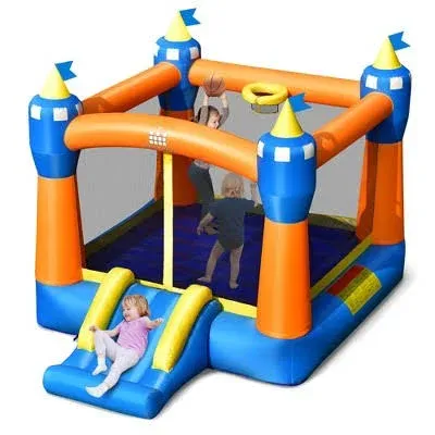 Costzon Inflatable Bounce House, Magic Theme Kids Jumping Bouncer w/Large Jumping Area, Slide & Basketball Rim, Including Carrying Bag, Repair Kit, Stakes, Indoor & Outdoor Backyard Bouncy Castle