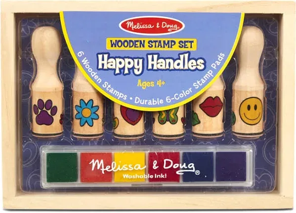 Melissa &amp; Doug &#039;Happy Handles&#039; Wooden Stamp Set 6 Stamps 6 Color Stamp Pads