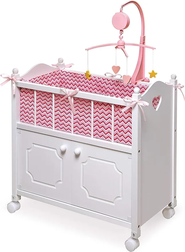 Badger Basket Wooden Doll Bed with Storage Cabinet, Bedding, Mobile, and Wheels - Fits 18 to 22-Inch Dolls, White with Pink/Chevron Bedding for Pretend Play