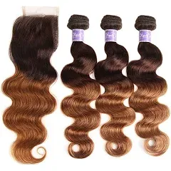 Kapelli Hair Ombre Brazilian Hair Body Wave Ombre Bundles with Closure, 3 Ombre Hair Bundles with Lace Closure T4/30,12 14 16+12