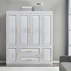 74 "H 4 portes 2 tiroirs blanc chambre armoire armoire, armoire de salle de bain autoportante armoire avec tringle suspendue, grand organisateur de rangement de vêtements de chambre en bois