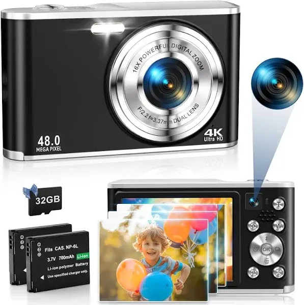 4K Digital Camera 48MP Autofocus Compact Kids Camera with Dual Camera 16X Digita