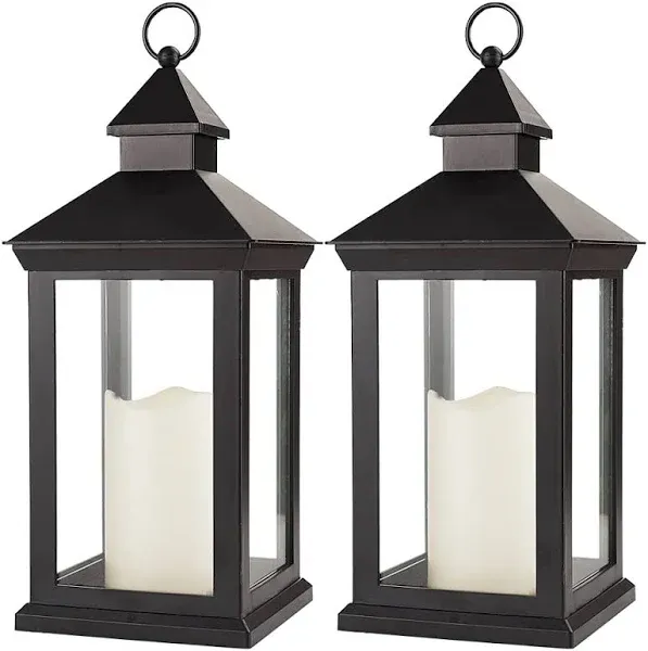 14" Lanterns Decorative Indoor, 2 Pack Black Lantern Decor with Timer Flameless Candle, Vintage Farmhouse Outdoor Lanterns