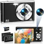 4K Digital Camera, 48MP Autofocus Compact Kids Camera Dual Camera, 16X (Black)